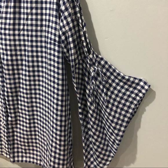 Jessica Simpson Michi Gingham Tie Bell Sleeve Sz L dk blue&white - Picture 3 of 6